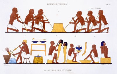 金属加工，出自《底比斯壁画稀有记录》，记录了 Frederic Cailliaud（1787-1869 年）于 1819 年至 1822 年第二次访问埃及时的情况，彩色平版印刷 作者 弗雷德里克（后）卡约