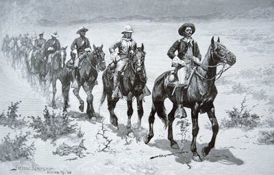 美国“布法罗士兵”在沙漠中行进，来自 1888 年的图画（版画） 作者 雷明顿（后）弗雷德里克（Frederic）