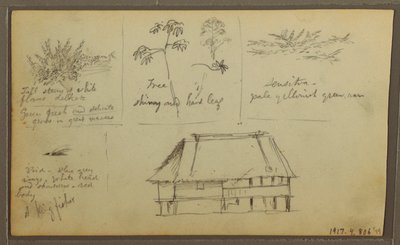 素描，一个堡垒；背面：植物素描，房屋，1857 年 作者 弗雷德里克·埃德温·丘奇