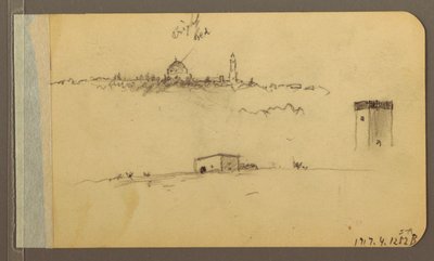 素描，教堂、塔楼、房屋；背面：山脉，1889 年 作者 弗雷德里克·埃德温·丘奇