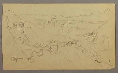 绘图，阿拉伯也门山谷：蜿蜒山谷与商队的景色，1868 年 2 月 20 日 作者 弗雷德里克·埃德温·丘奇