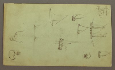 素描，男子头部，吸烟男子，帆船研究，房屋，1868 年 5 月 27 日 作者 弗雷德里克·埃德温·丘奇