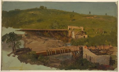 绘图，纽约卡茨基尔附近有高架桥和废旧磨坊的小山，约 1865 年 作者 弗雷德里克·埃德温·丘奇