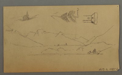 素描，中世纪城堡，双塔，人物研究，图恩附近，可能创作于 1868 年 作者 弗雷德里克·埃德温·丘奇