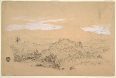 素描，《从哥伦比亚卡塔戈附近的山上俯瞰风景的回忆》，一位头顶水罐的妇女，1853 年 7 月 作者 弗雷德里克·埃德温·丘奇
