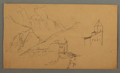 素描，两座教堂，山谷，瀑布，1868 年 作者 弗雷德里克·埃德温·丘奇