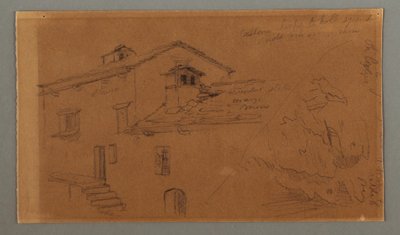 素描，两座房子，岩石，可能创作于 1868 年 作者 弗雷德里克·埃德温·丘奇