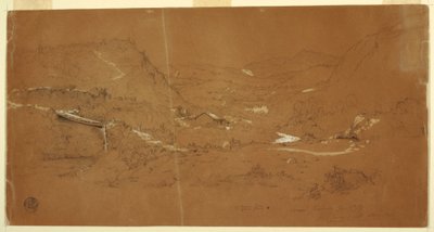 绘图，厄瓜多尔瓜兰达附近有桥和房屋的山谷，1857 年 6 月 5 日 作者 弗雷德里克·埃德温·丘奇