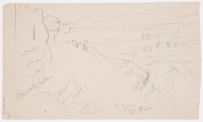绘图，1868 年 2 月，埃尔耶门山谷，山丘和平原与山脉之间的景观 作者 弗雷德里克·埃德温·丘奇