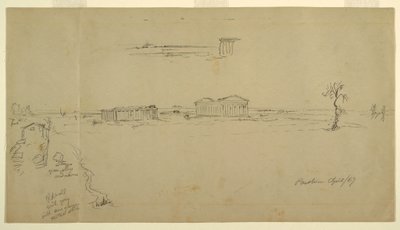 素描，大教堂和海神庙景观，意大利 Paestum，1869 年 4 月 作者 弗雷德里克·埃德温·丘奇