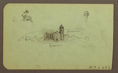 素描、山丘、教堂、桥；背面：人物、十字架、教堂，1883 年 作者 弗雷德里克·埃德温·丘奇