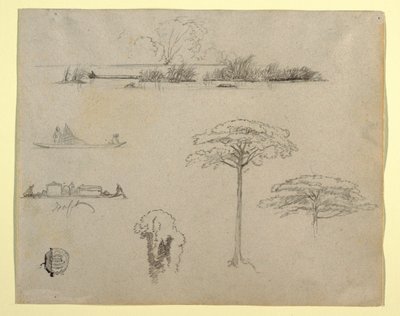 哥伦比亚素描：河流风景、筏上的人和树 作者 弗雷德里克·埃德温·丘奇