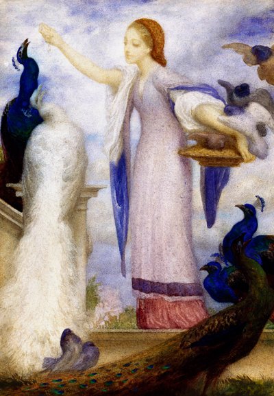 "Jene fille nourrissant les paons"，她的打扮古色古香。弗雷德里克-莱顿勋爵（1830-1896 年）（先驱派）的画作 作者 弗雷德里克·莱顿