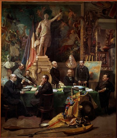 1892 年 11 月的殖民地代表从左到右：Chesse（塔希提岛）、Mager（Diego Suares）、Dussac（Nossy-Be）、de Faymoreau（马约特岛）、Jules Ferry（安南和东京）、Soller（法属几内亚） ，Cudenet（新喀里多尼亚）。 弗雷德里克·雷加姆（Frederic Regam）的绘画 作者 弗雷德里克·雷加梅