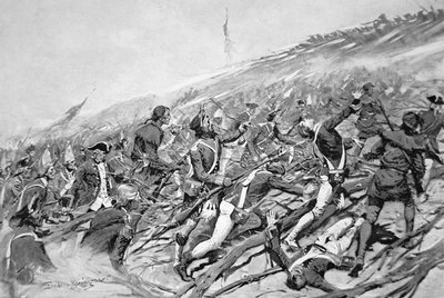 1758 年，英国军队试图袭击法国的提康德罗加堡垒（石版画） 作者 Frederic Remington