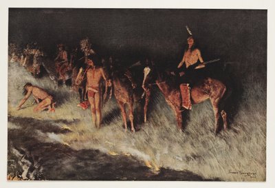 大草原上的火，来自Colliers Weekly，pub.1908 作者 弗雷德里克·雷明顿