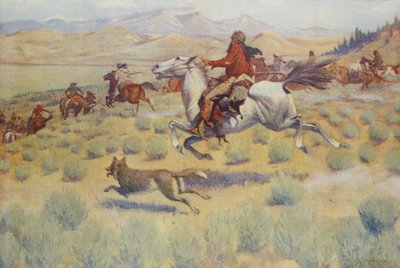 大草原上的狩猎，来自Colliers Weekly，pub.1904 作者 弗雷德里克·雷明顿
