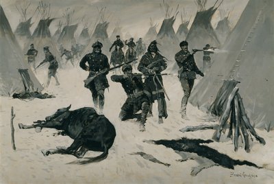 击败疯马（英里上校击败疯马，1877年1月，对印第安村庄的冬季袭击）c.1901，可能是c.1896 作者 弗雷德里克·雷明顿