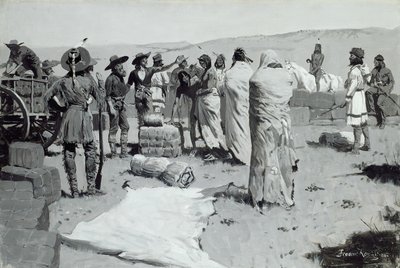 翻译员向年轻人挥手致意，约1900年。 作者 弗雷德里克·雷明顿