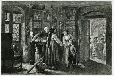 At the pharmacist of the village of Kaysersberg (or Kaisersberg, Alsace), an emergency consultation. Engraving by F.Lix, to illustrate the story “Through Alsace and Lorraine””, in 1884, by Charles Grad (1842-1890), German depute, writer and naturalist. Pub 作者 弗雷德里克·西奥多·利克斯