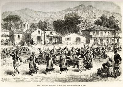 村庄广场上的民间舞蹈Haggia Anna (St. Anne)。根据利克斯的画作绘制的版画，用于说明亨利-贝尔1861-1868-1874年在希腊的航行，发表于《世界之旅》1876年，由爱德华-沙顿编辑，巴黎哈谢特版。 作者 弗雷德里克·西奥多·利克斯