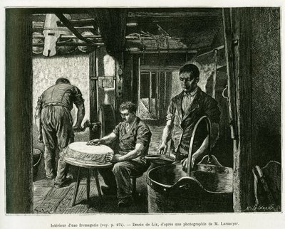 一家奶酪厂内。利克斯的雕刻作品，为德国人查尔斯-格拉德于1885年创作的《穿越阿尔萨斯和洛林》的故事作插图，收录在1887年的《世界之旅》中，由爱德华-沙尔东（1807-1890）指导，巴黎哈谢特出版社。 作者 弗雷德里克·西奥多·利克斯