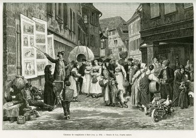 Lament singer in the streets of Barr. Engraving by Lix, to illustrate the story A Through Alsace and Lorraine, in 1887, by Charles Grad, German depute, in the tour du monde 1888, directed by Edouard Charton (1807-1890), Hachette, Paris. 作者 弗雷德里克·西奥多·利克斯
