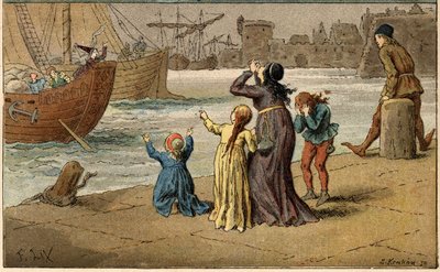 流行歌曲。"A Nantes est arrive"。孩子们哀悼他们的大海，被一个水手带走了。弗雷德里克-西奥多-利克斯（Frederic Theodore Lix，1830-1897）在 "法国各省的儿童歌谣和圆舞曲 "中的插图（细节）。 作者 弗雷德里克·西奥多·利克斯