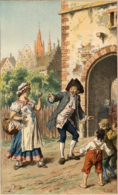 流行歌曲。"A Paris y a-t-une dame"。一个男人取笑一个女仆，所以脸上涂满了油彩。弗雷德里克-西奥多-利克斯（1830-1897）在 "法国各省的歌谣和圆舞曲 "中提供的插图。 作者 弗雷德里克·西奥多·利克斯