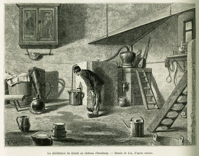伊森堡城堡的基尔希酒蒸馏过程。利克斯的版画，为1887年德国副总统查尔斯-格拉德在爱德华-沙尔东（1807-1890）导演的1888年世界之旅的故事《穿越阿尔萨斯和洛林》作插图，巴黎哈谢特出版社。 作者 弗雷德里克·西奥多·利克斯