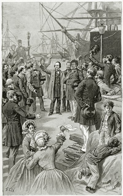 维克多·雨果在1852年8月1日，19世纪流亡期间的演讲中欢呼一个普遍的共和国（bw雕刻） 作者 弗雷德里克·西奥多·利克斯