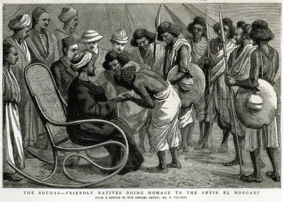 Soudan：1884年4月19日“雕刻”中的“The Graphic”向Sheik el Morgani致敬的友好本地人 作者 Frederic Villiers