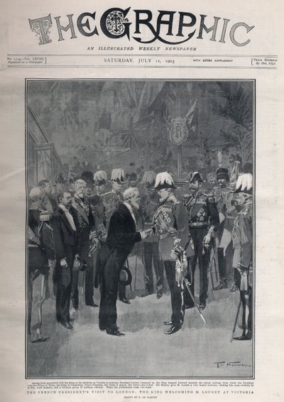 Entente cordiale：法国总统Emile Loubets访问伦敦。爱德华七世国王在维多利亚车站欢迎M. Loubet。 作者 弗雷德里克·德·哈嫩