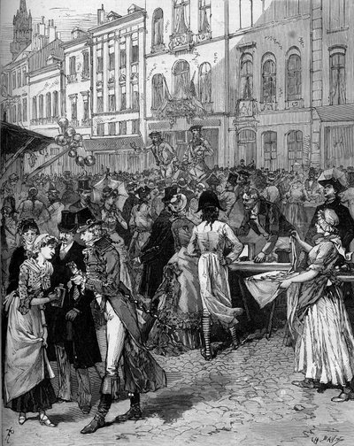 1792年里尔围城纪念活动的历史性庆祝活动：18世纪时髦的居民在城市街道上举行的Braderie Watteau（大集市）。De Haenen在10月21日的 "Le Monde Illustré "第1334期上的版画。 作者 弗雷德里克·德·哈嫩