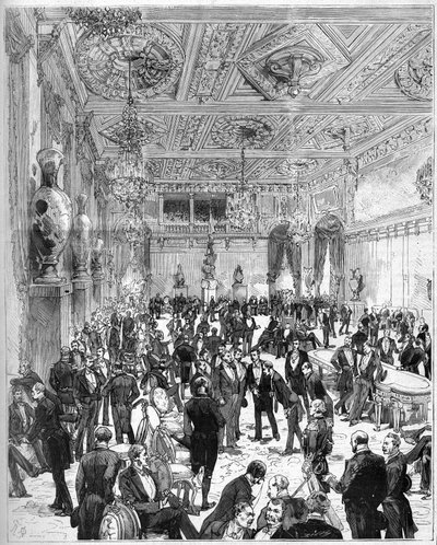 1882年7月14日，在1871年火灾后重建的巴黎市政厅酒店举行落成典礼：朱尔斯-格雷维（1807-1891）总统抵达时市政厅的景色。De Haenen和Dosso在7月22日的 "插图世界 "第1321号上的版画。 作者 弗雷德里克·德·哈嫩