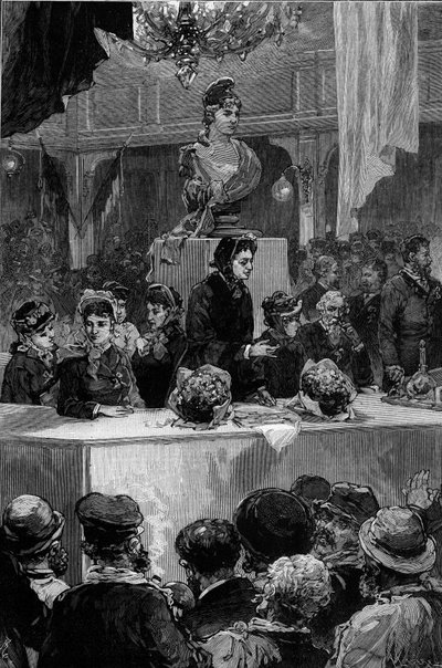 露易丝-米歇尔（1830-1905）的演讲，1880年11月30日在巴黎的格拉法尔室。de Haenen在1880年12月11日 "The Illustrous World "n°1237上的雕刻。 作者 弗雷德里克·德·哈嫩