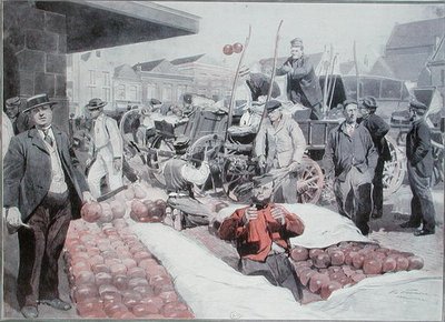 阿尔克马尔的奶酪市场，约1910年（彩色平版印刷）。 作者 弗雷德里克·德·哈嫩