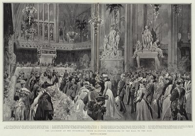 在市政厅举行的午餐会，他们的陛下在大厅前往戴斯 作者 Frederic de Haenen