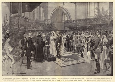 Groote Kerke的婚礼，由牧师Van der Vlier，新娘和新郎交换戒指表演 作者 Frederic de Haenen