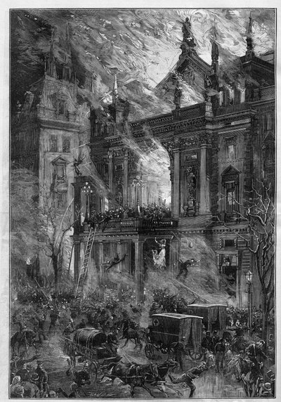 1881年12月5日，维也纳（奥地利）的Wiener Ringtheater歌剧院的火灾。De Haenen在1881年12月24日的 "Le Monde Illustré "n°1291上的雕刻。 作者 弗雷德里克·德·哈嫩