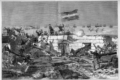 突尼斯，1881年7月。在居民反抗法国的突尼斯保护国之后，法国军队占领了斯塔克斯城。海军陆战队的步枪摘下圆形炮台。8月20日《图解世界》第1273期上的德-哈嫩的雕刻作品。 作者 弗雷德里克·德·哈嫩