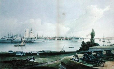 从总督岛看纽约，由亨利-帕普里尔（Fl.1846-48）雕刻的（雕刻）。 作者 弗雷德里克（后）凯瑟伍德