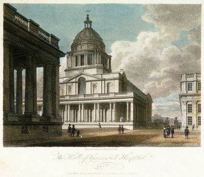 格林威治医院（英格兰肯特郡）景观，描述威廉国王（William）宫廷的穹顶和东北角，后面绘有大厅的北立面，以及玛丽王后庭院和小教堂的一部分 作者 弗雷德里克·纳什（后）