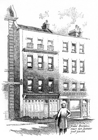 詹姆斯·博斯威尔（James Boswell）首次与约翰逊博士（Johnson）遇见的地点，伦敦，1912年 作者 弗雷德里克·阿科克（Frederick Adcock）
