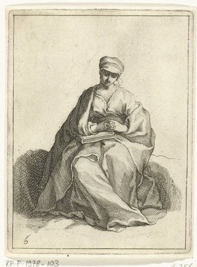 坐着祈祷的妇女
15 个小雕像（系列名称） 作者 Frederick Bloemaert (可能)