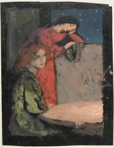 一张桌子上的两个女孩看看1905年的星光灿烂的夜晚（卡片上的蛋彩画） 作者 弗雷德里克·凯利·罗宾逊