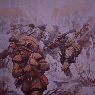 美国对加拿大的入侵。本尼迪克特-阿诺德的士兵在1775年从波士顿向魁北克行进，约1930年（彩色平版印刷）。 作者 弗雷德里克·科菲（后）约恩