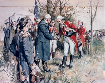 美国独立战争（1775-1783 年）：1777 年英国将军约翰-伯戈因（1722-1792 年）在萨拉托加投降--F.C. Yohn（弗雷德里克-科菲-约恩）（1875-1933 年）插图 作者 弗雷德里克·科菲·约恩