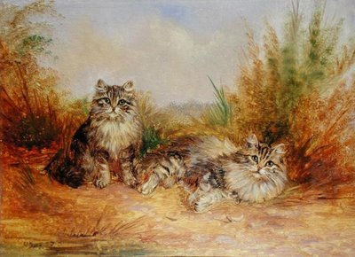 乡村风景中的两只虎斑猫（板油画） 作者 弗雷德里克·法文