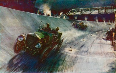 1907 年，S-F-埃奇（S-F-Edge）单人驾驶纳皮尔（Napier）赛车，成功地在 24 小时内保持了 60 英里/小时的时速，这是布鲁克兰兹新赛道上的首个纪录（彩色石版）。 作者 弗雷德里克·戈登（后）克罗斯比